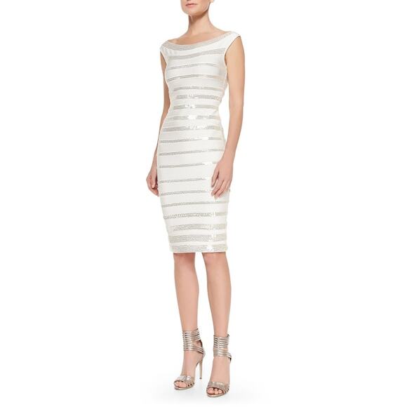 Herve Leger Fatima Gold Sequin Striped Bandage Dress White Alabaster Combo Small - Picture 1 of 16